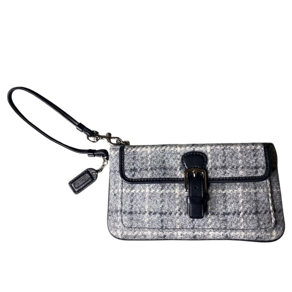 Vintage Coach Bag Wallet Wristlet 9399 Wool Leather Gray Herringbone - Picture 7 of 9